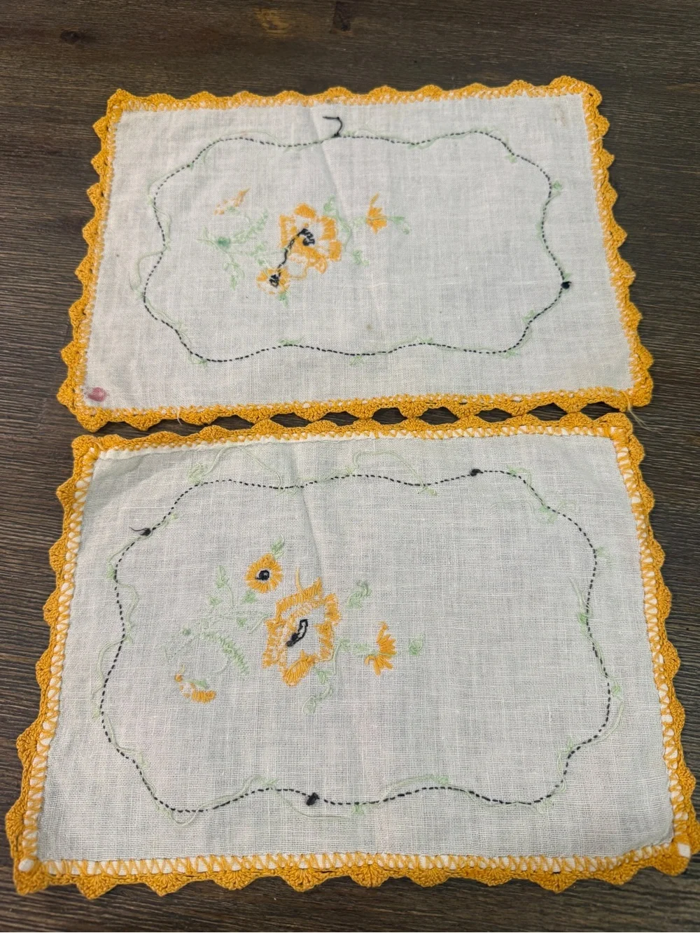 Hand-Embroidered Yellow Floral Linen Small Placemats - Set of 2